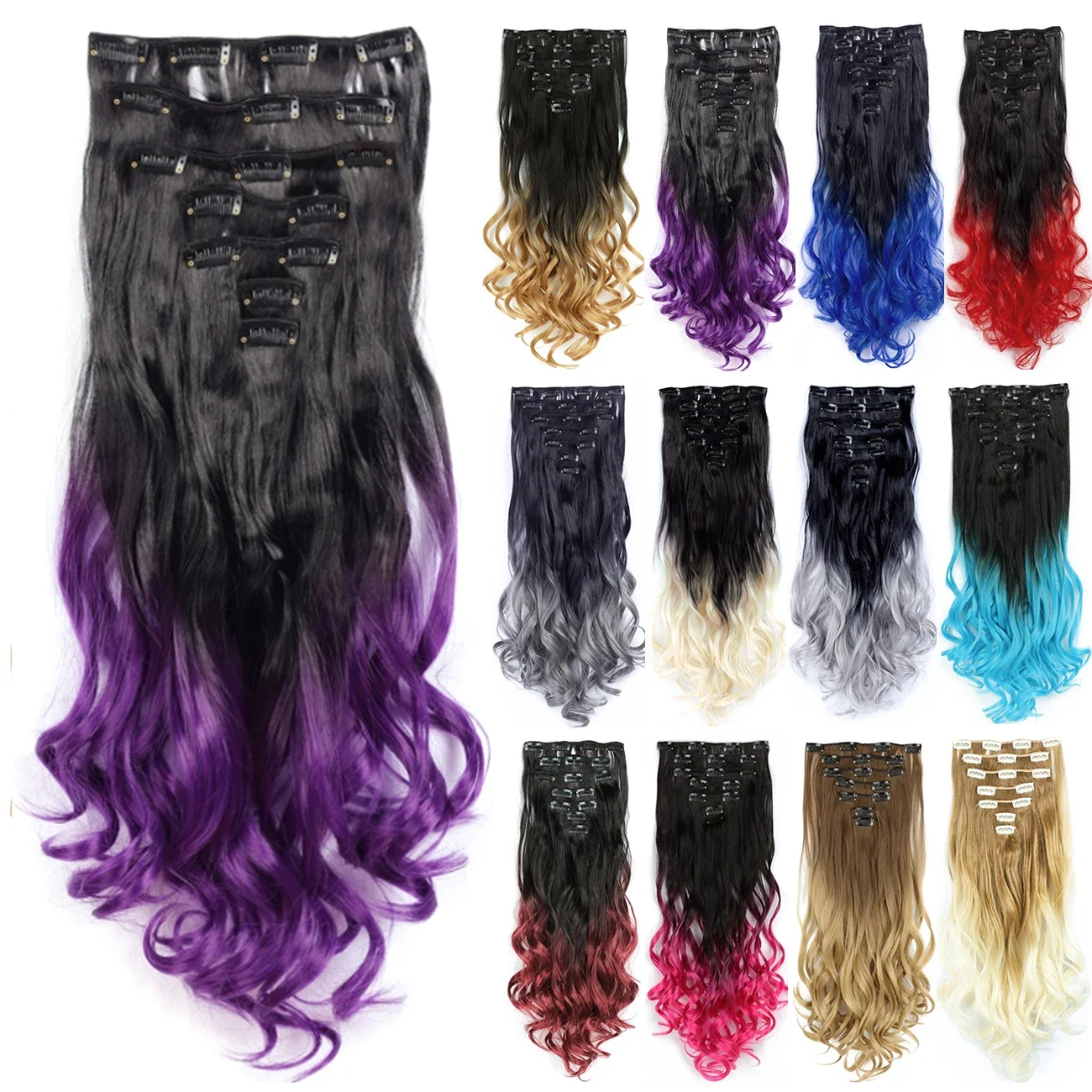 

Soowee Curly Synthetic Hair Purple Pink Rainbow Clip In Hair Extension Full Head Ombre Grey Hair Piece for Women