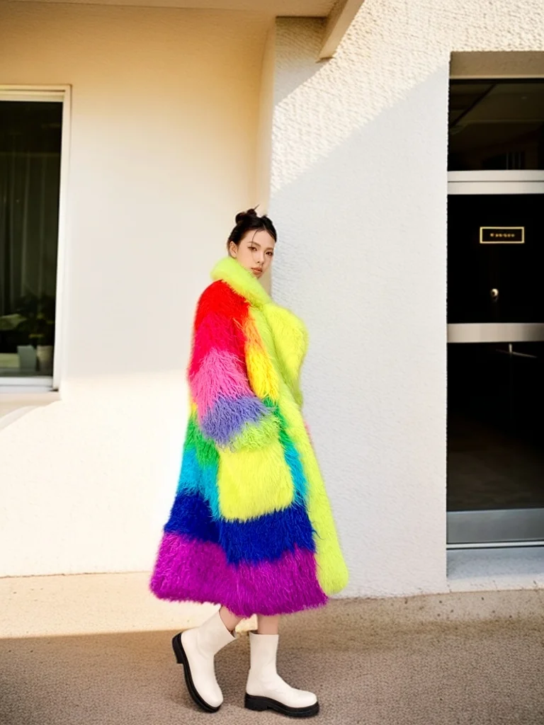 Lady Colorful Faux Fur Coat Contrast Color Lapel Jacket Female Shaggy Outerwear Streetwear Winter Women Performance Costume