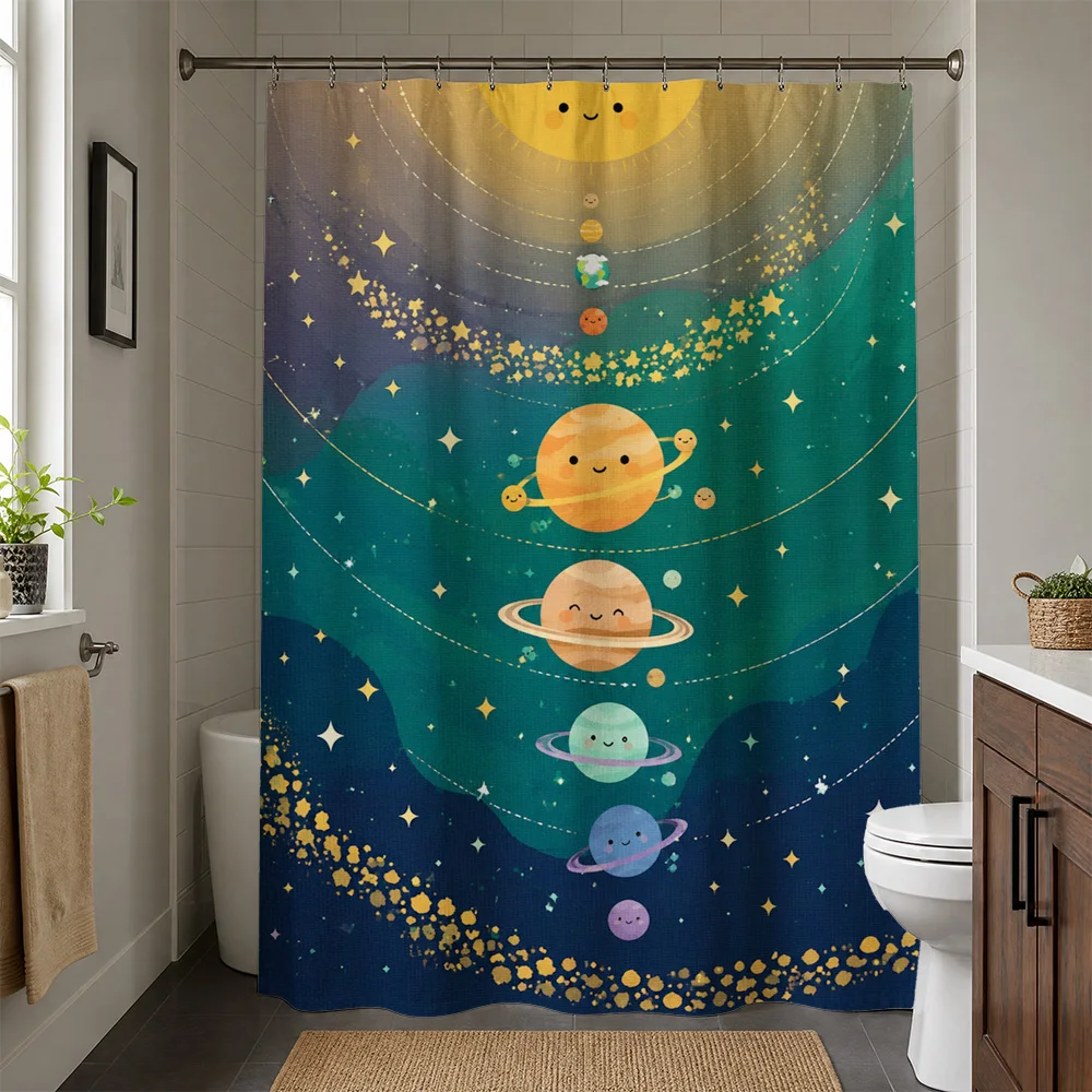 Cute Planets Galaxy Shower Bathroom Curtain Nursery Decor Stars Celestial Space Theme Shower Curtain