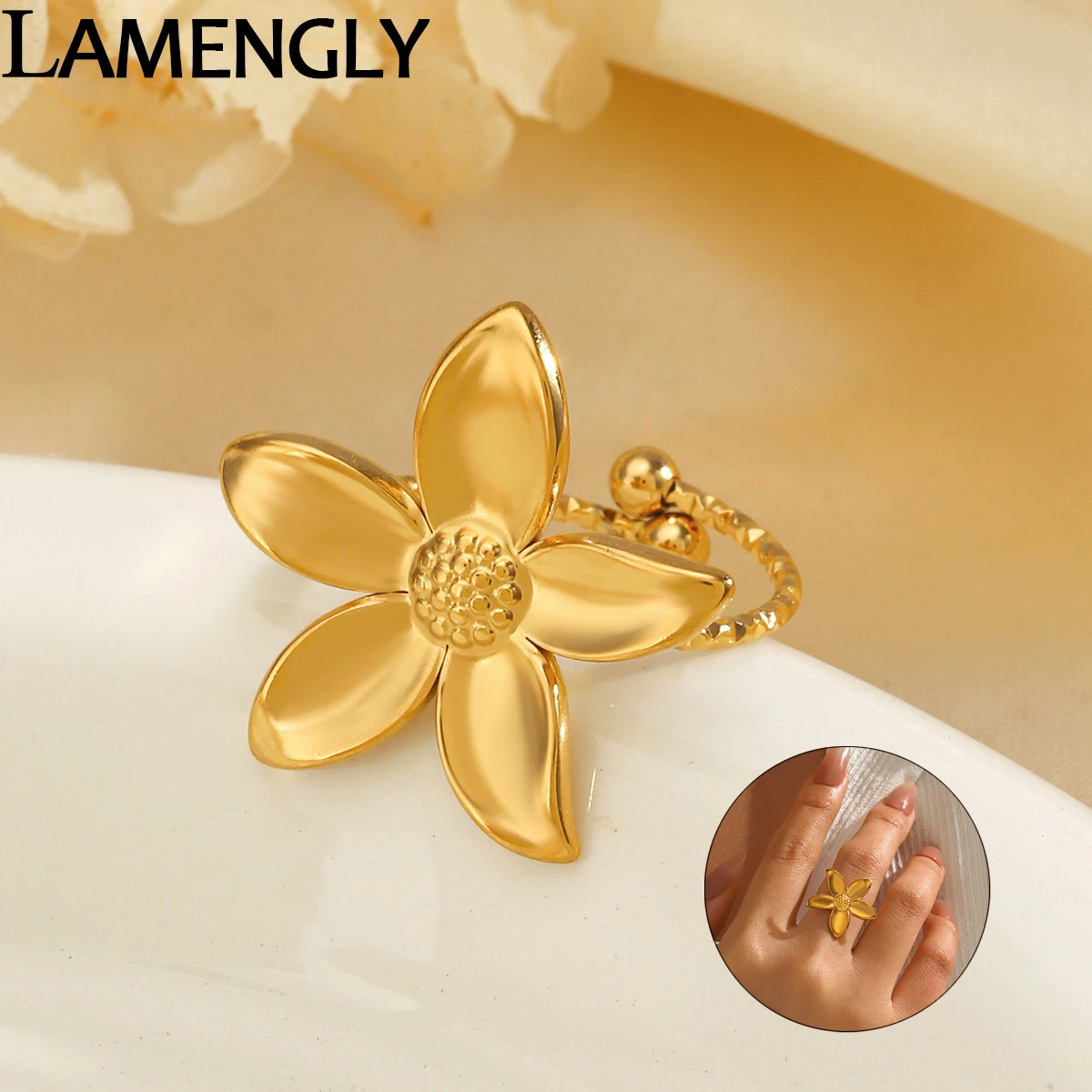 LAMENGLY 316L Stainless Steel High Quality Smooth 5-Leaf Flower Ring For Women Exquisite Elegant Open Rings Party Jewelry Gifts