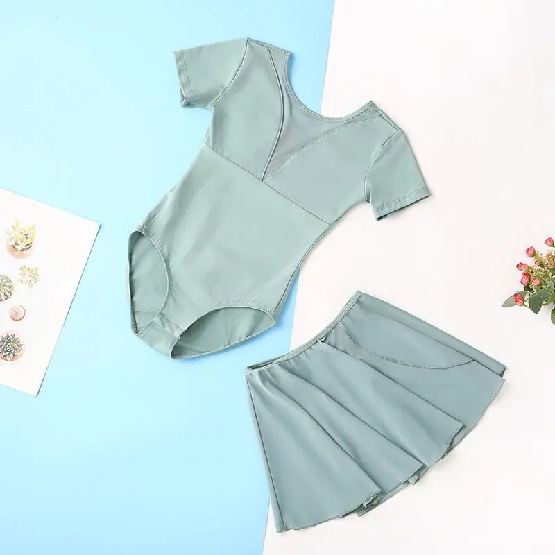 فستان ممارسة الرقص الصيني للأطفال فستان الباليه للفتيات بأكمام قصيرة للجمباز البدني