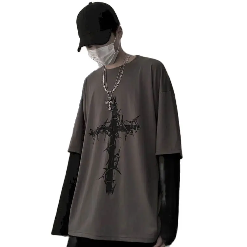 T-shirt Cross of Thorns Fake Two-piece Men Women Long-sleeved Dark Hip Hop Loose Large Size Autumn New Trend Tops T Shirt Male