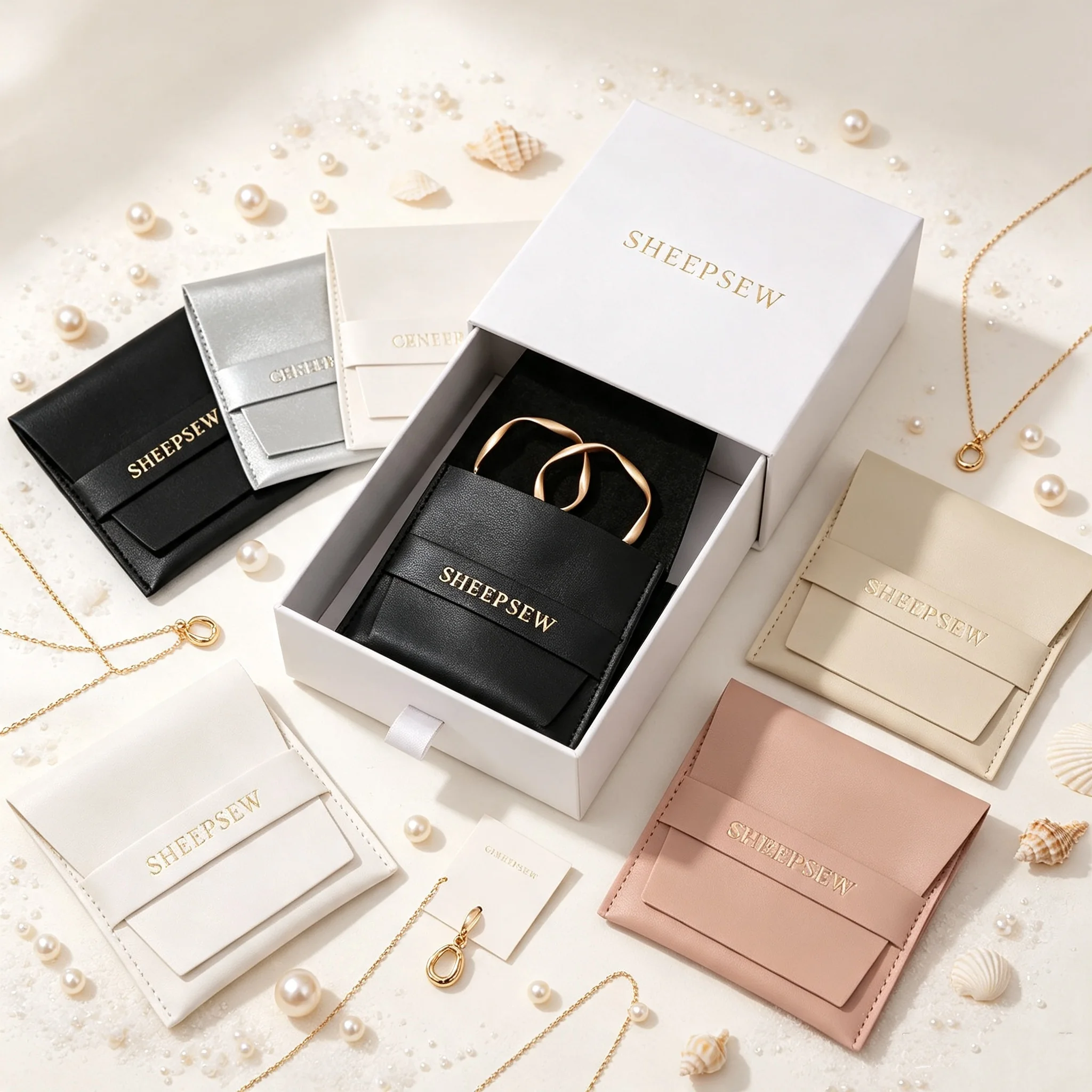 SheepSew Personalized Logo Slide Drawer Jewelry Gift Box, Paper Packaging Box With PU Leather Pouch For Pearl Necklace Earring R