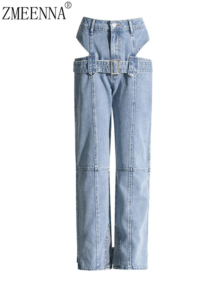 

ZMEENNA Women's High Waisted Cutout Belted Straight Leg Jeans Convertible Denim Pants Trendy Fashion Streetwear Style ZM3190