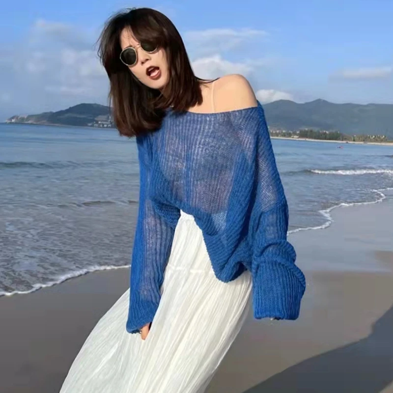 夏シンプルな中空軽量でわずかに透明な長袖ニットセーター春の新しい女性のプルオーバー