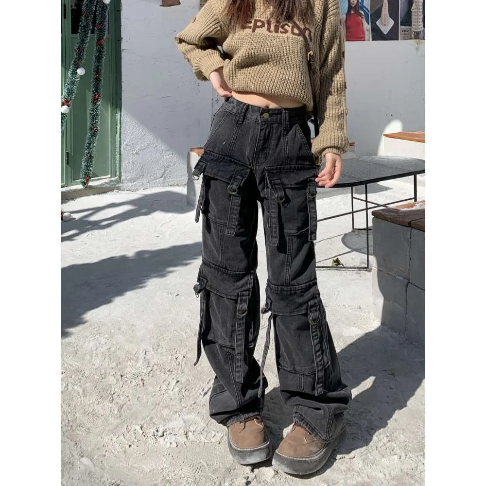 

ZHISILAO Grey Pocket Cargo Jeans Women Chic Loose Y2k Wide Leg Straight Denim Pants Streetwear 2024