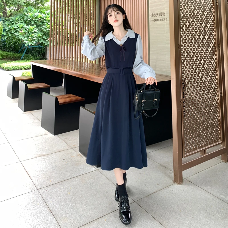 Elegant Long Dresses For Women 2023 Female Large Size 4XL Autumn Winter Loose A Line Fake Two Pieces Blue V Neck Robe Vestidos