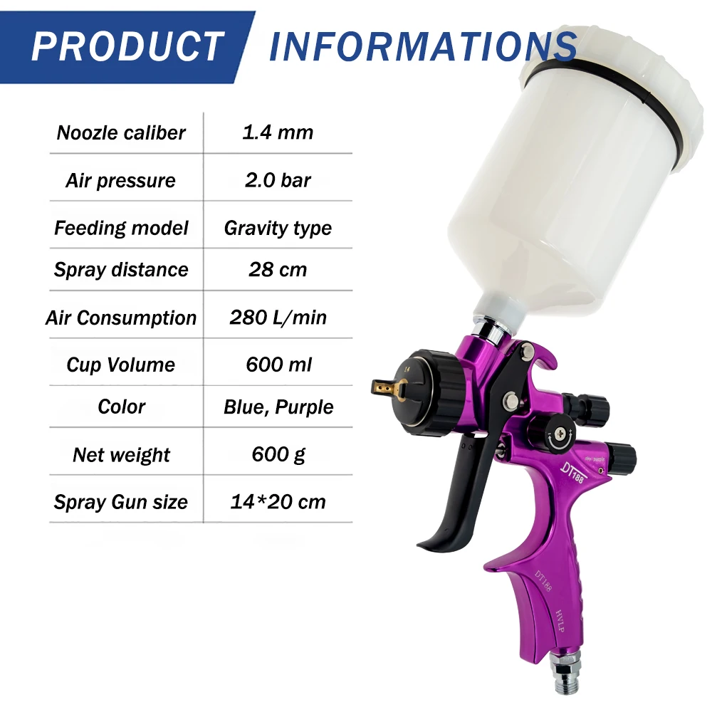 High Quality DT188 Professional HVLP Spay Gun 1.4mm Nozzle Gravity Air Spray Guns Water Based Airbrush For Car Painting