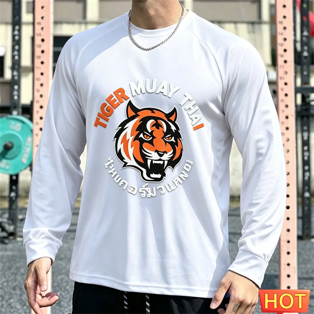 Muay Thai Men's Long sleeved T-shirt Autumn Men's Cotton T-shirt Elastic Fitness tee top Graphic Training T-shirt running Tshirt