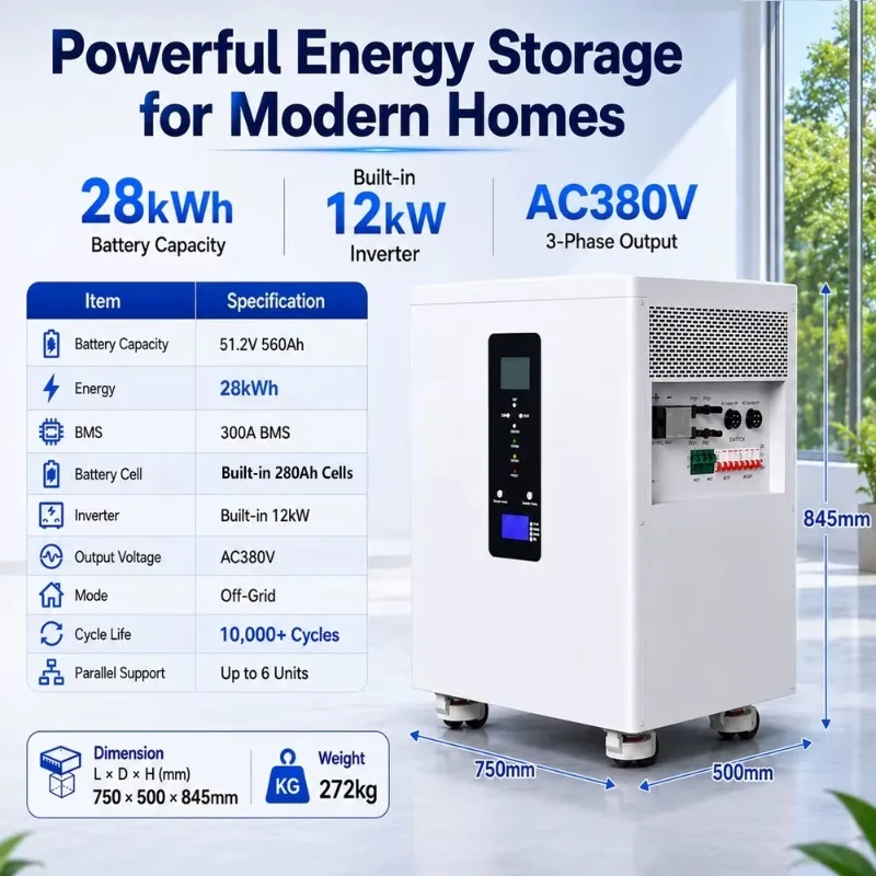 All in One 28kWh 32kWh Home ESS 51.2v 560Ah 628Ah Battery 3 Phase AC380V Built in 12kw Inverter Solar Energy Storage System