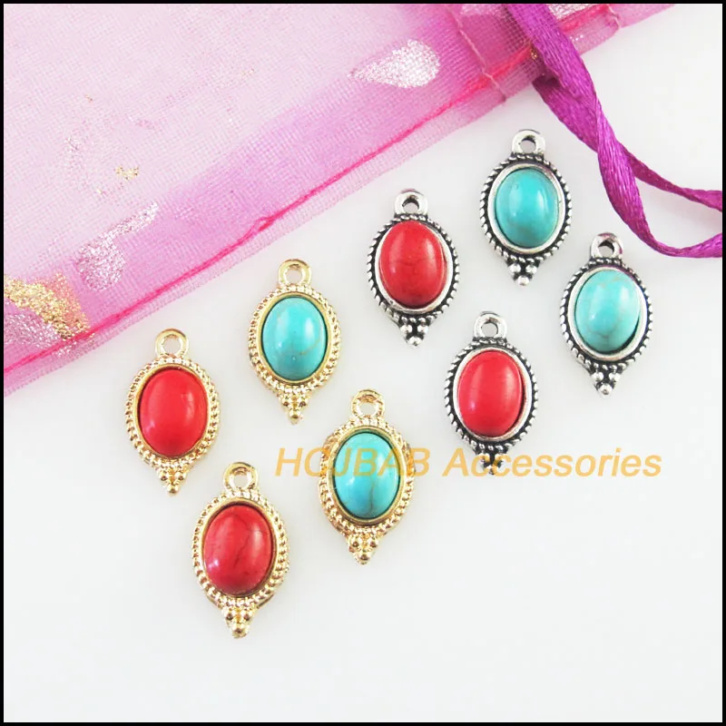 Fashion 15Pcs Retro Gold Color Tibetan Silver Tone Oval Blue&Red Stone Charms Pendants 9x17mm