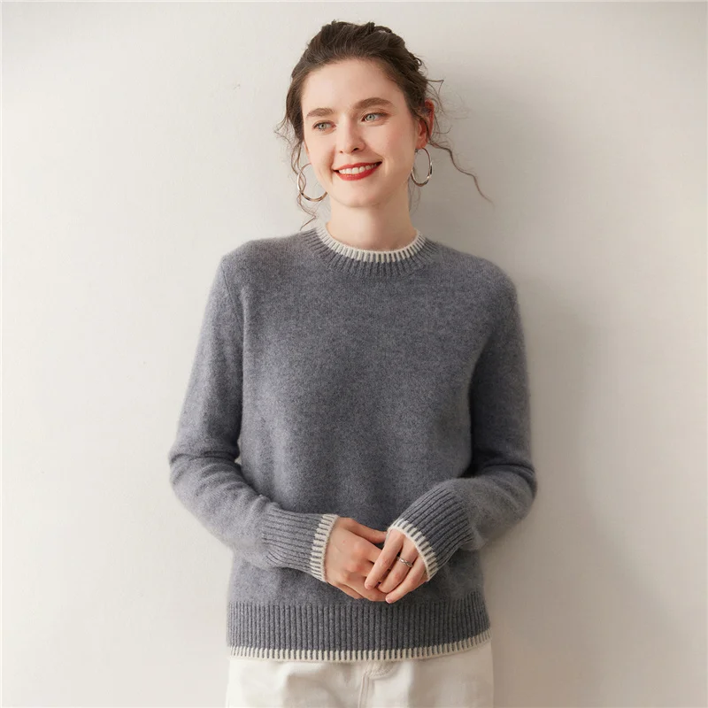 

Women Autumn Winter 100% Cashmere Sweater Fashion O-neck Contrast color Thick Warm Blouse New Style Casual Woman Knitted Tops