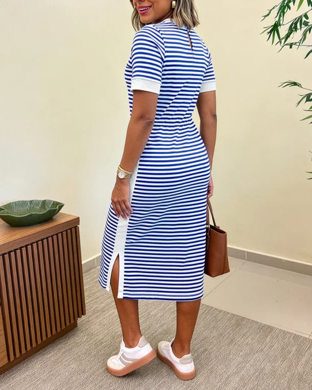 Women's Striped Color-block Mid-length T-shirt Dress, Casual Round Neck with Cinched Waist and Side Slit Design, Featuring Pocke