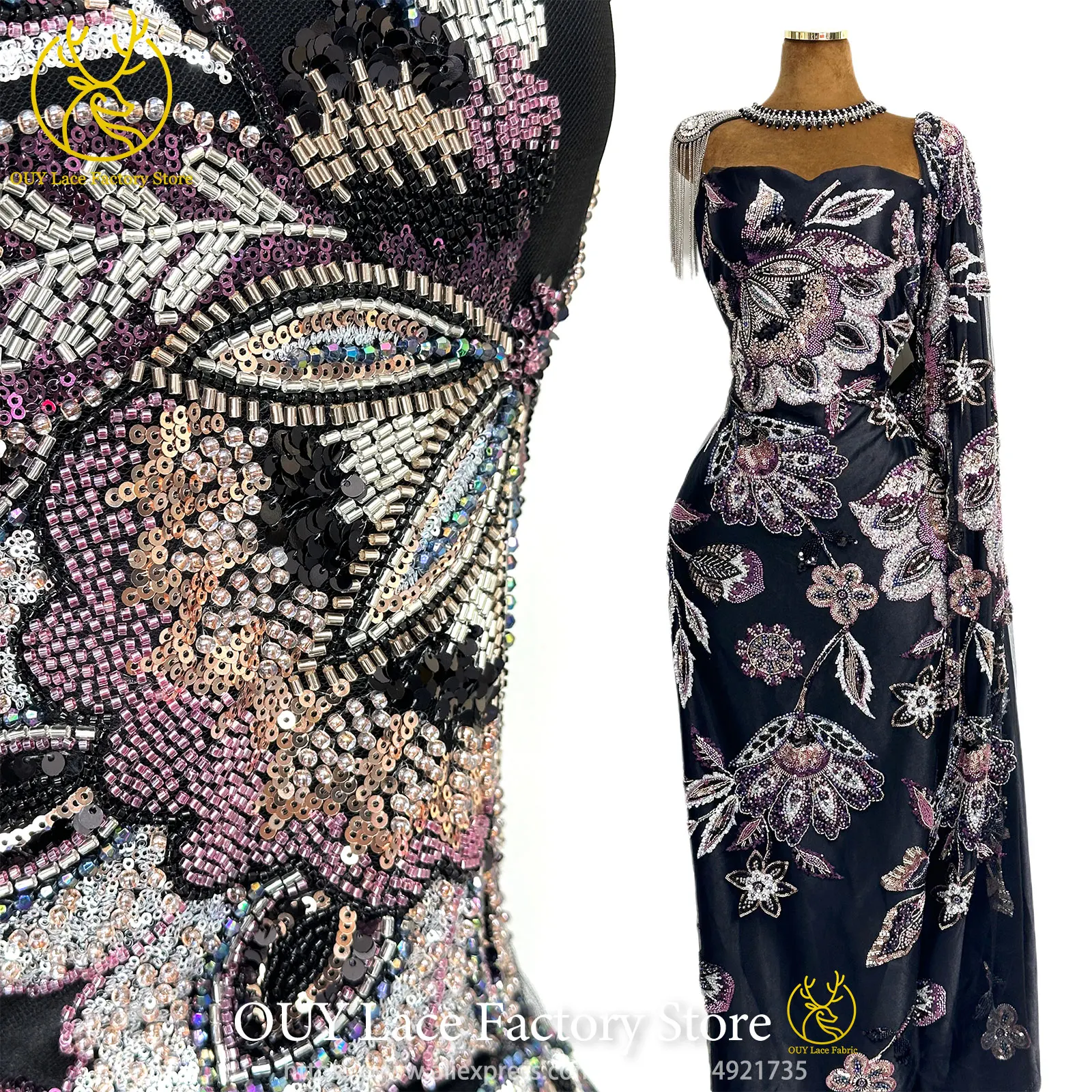 Nigerian Heavy Beaded Flower Embroidery Lace Fabric 2026 French Sequins Beaded Groom Tulle Lace Sewing Wedding Dress Fabric
