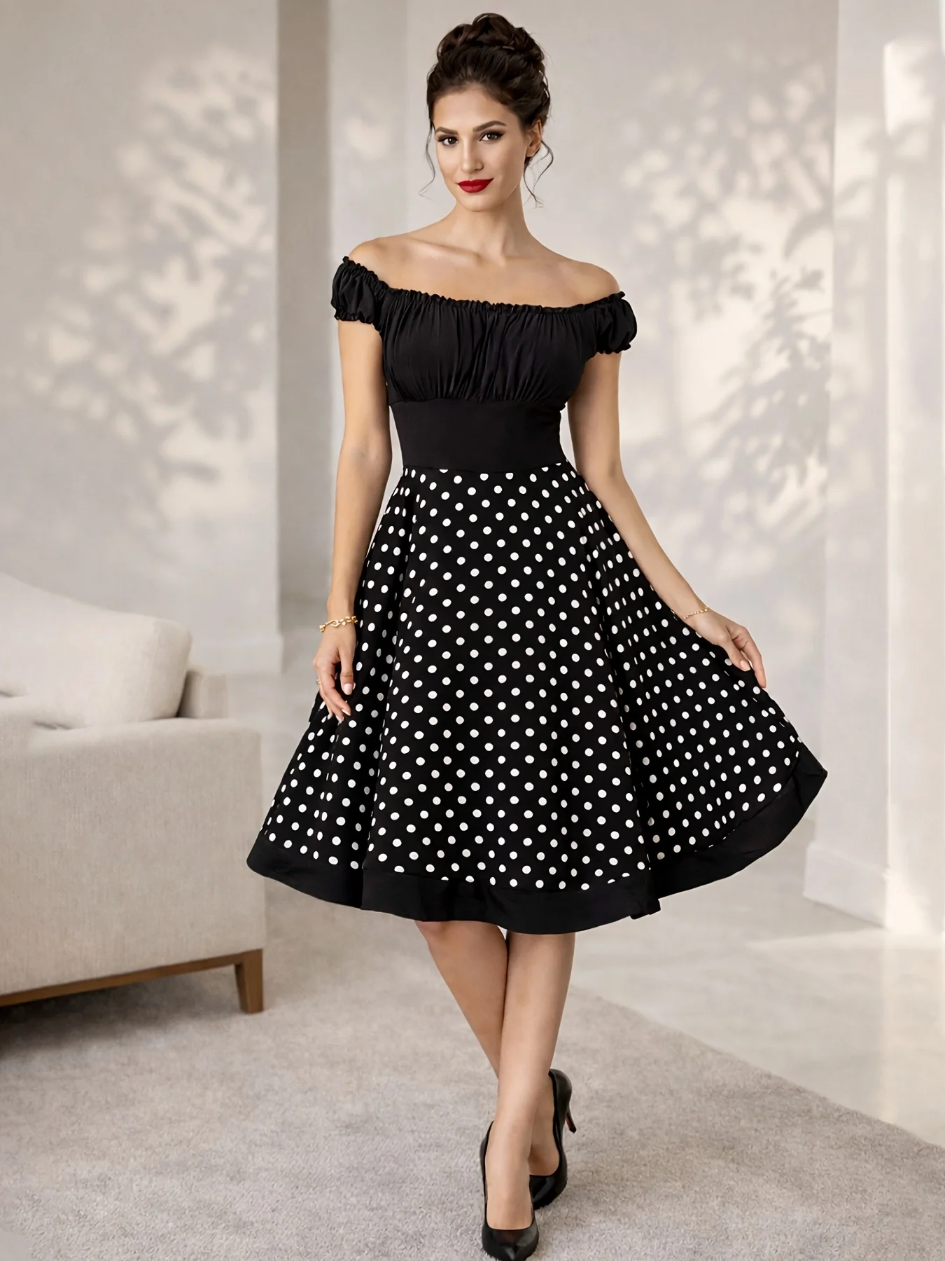 Damenkleid mit Schrägausschnitt, Elegantes Gerafftes 1950er Rockabilly Hepburn-Stil A-Linien-Kleid mit Polka Dots, Lässiges Partykleid, Schmal Geschnitten und Ausgestelltes Swing-Kleid