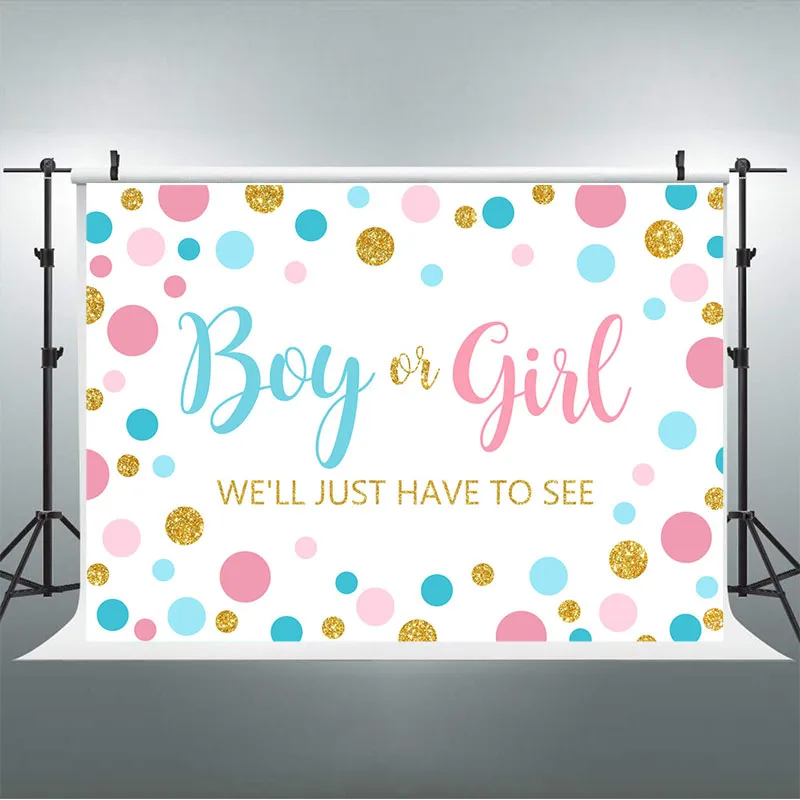 الجنس تكشف حفلة التصوير خلفية صبي أو فتاة استحمام الطفل خلفية الأزرق الوردي البقع بالون الحلوى ديكور للطاولات راية