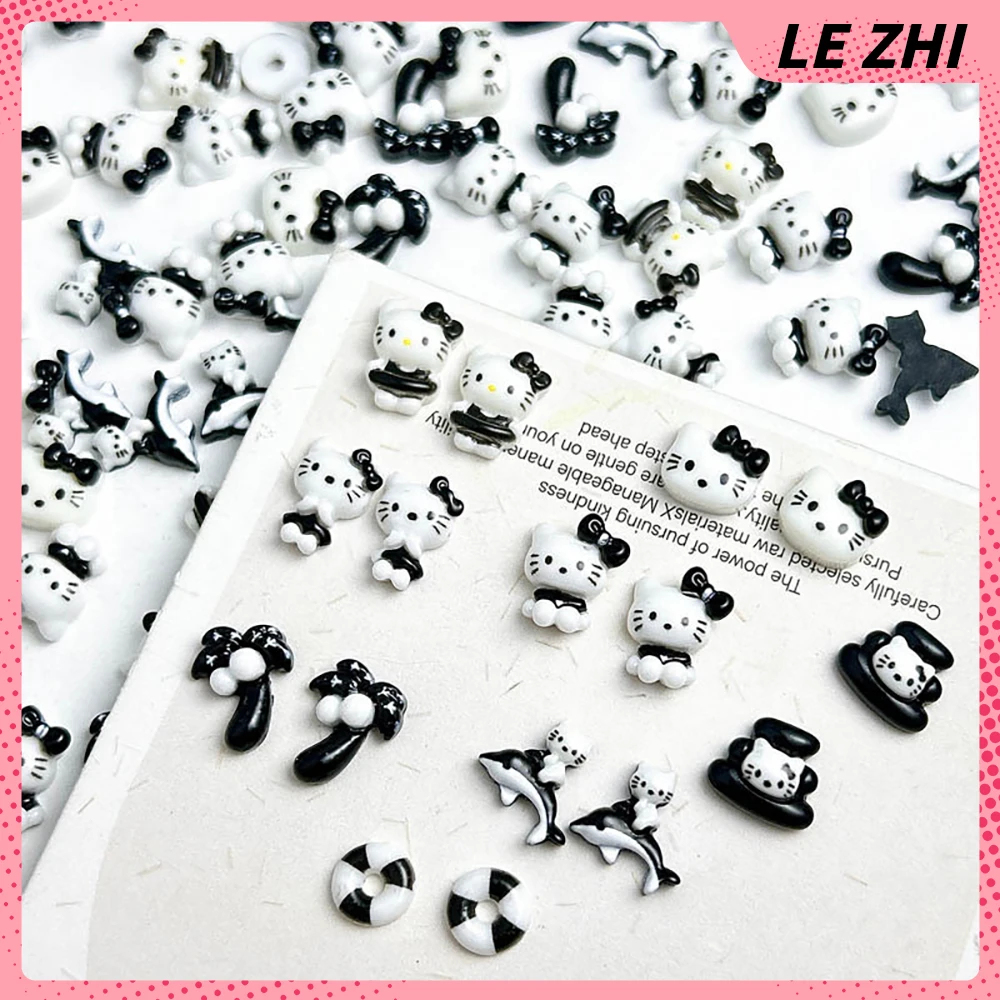 

20Pcs New Hello Kitty Black Skin Hawaii Resin Nail Accessories Kawaii Summer Day Bowknot Coconut Tree Swimming Circle Decor Diy