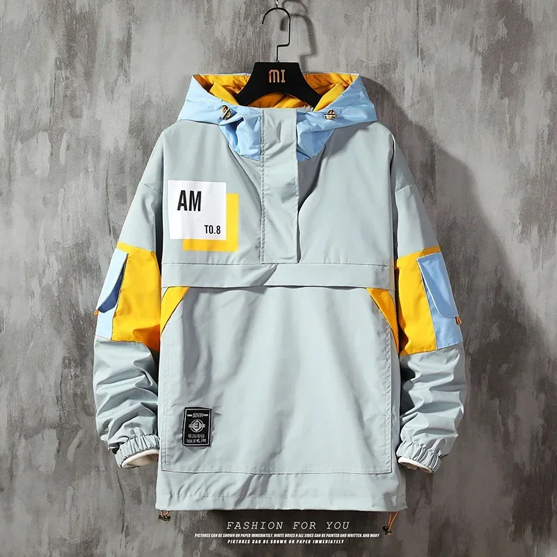 

2025 Men's Jacket Hoodie Fashion Streetwear Color Contrast Patchwork Hooded Jacket Waterproof Windbreaker Zip Up Coat Male Outwe