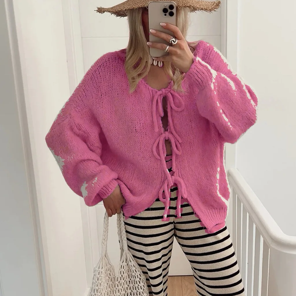 Осень 2024, женские однотонные свитера на шнуровке с круглым вырезом, женские зимние вязаные прямые джемперы, повседневные офисные с длинными рукавами