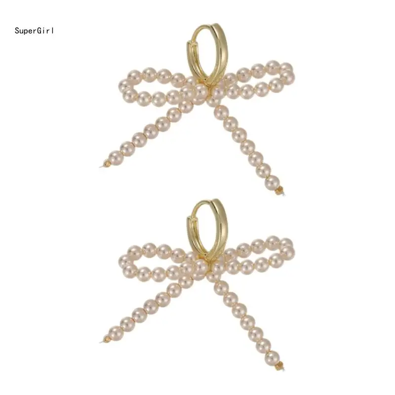 Elegant and Women's Earrings Dainty Imitation Pearls Bowknot Studs Ornament J78E