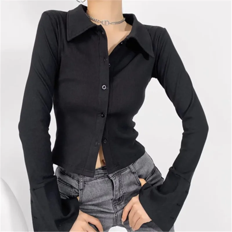 American Retro risvolto monopetto bottoni Full Flare Sleeve Slim vita camicia donna camicetta corta top viola nero