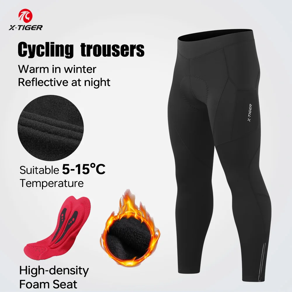 X-TIGER Men's Winter Cycling Pants Autumn Sponge Pad Shock Absorption Bicycle Trousers Keep Warm Long CyclingTights With Pockets