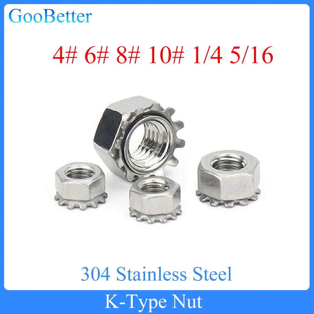 10/20/50Pcs K-Type Nut 4# 6# 8# 10# 1/4 5/16 304 Stainless Steel Lock Multi-Gear Hexagon Nuts K Multi Tooth Anti Loosening Nut