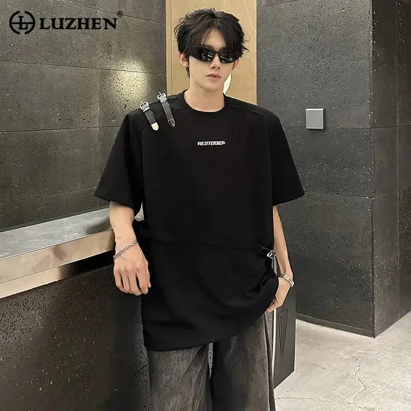 LUZHEN 2026 Summer Original Letter Belt Patchwork Decorate Short Sleeve T-shirts Men's Letter Logo Round Neck Casual Tops JY7777