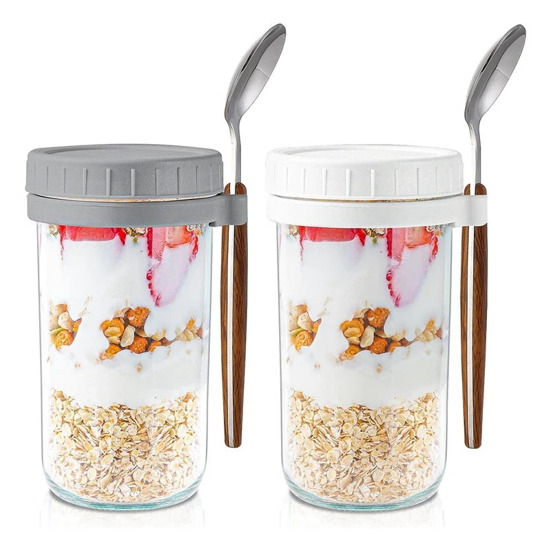 

Overnight Oats Containers With Lids And Spoons: 24 Oz Mason Jars For Overnight Oats -2Pcs Glass Food Storage Containers Durable