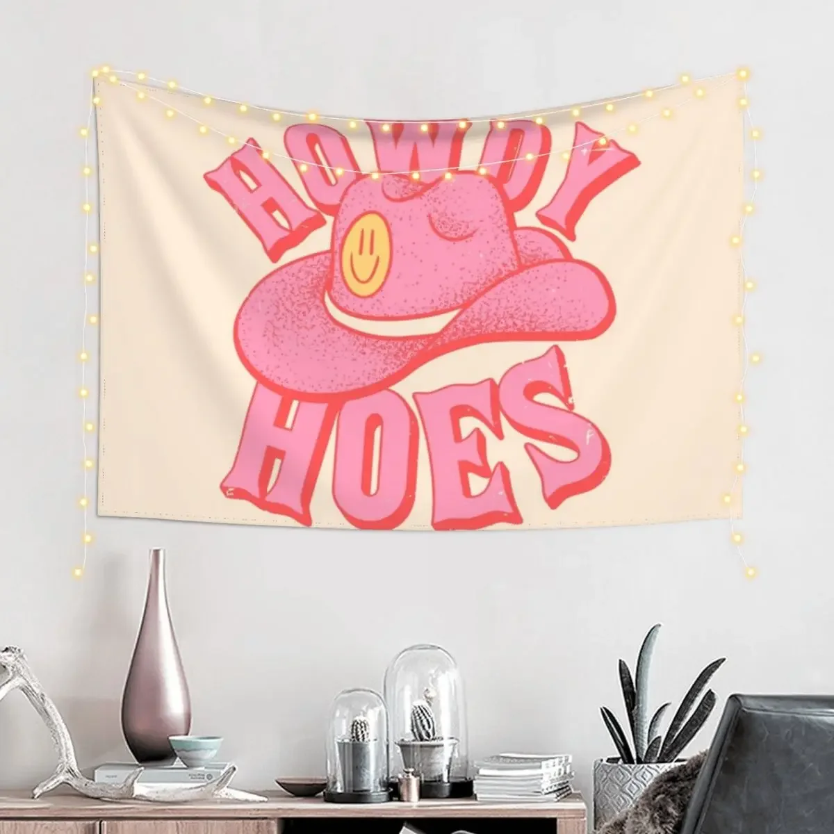 Howdy Hoes | Pink Cowboy Cowgirl Rodeo Hat Preppy Aesthetic | MEME HOWDY Y'ALL | White Background Tapestry Custom Tapestry