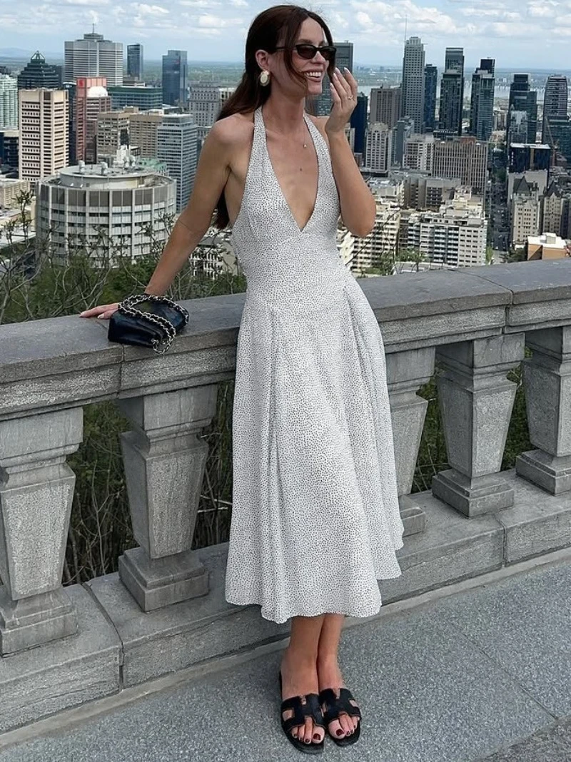

FDYOUI Women's Halter Neck Polka Dot Party Dress 2025 Sexy Female High Waist Backless Tunics White Dresses Vacation Streetwear