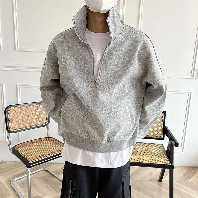 Men Vintage Half Zip Sweatshirt Fall Winter Heavyweight Polo Collar High Street Pullover Top