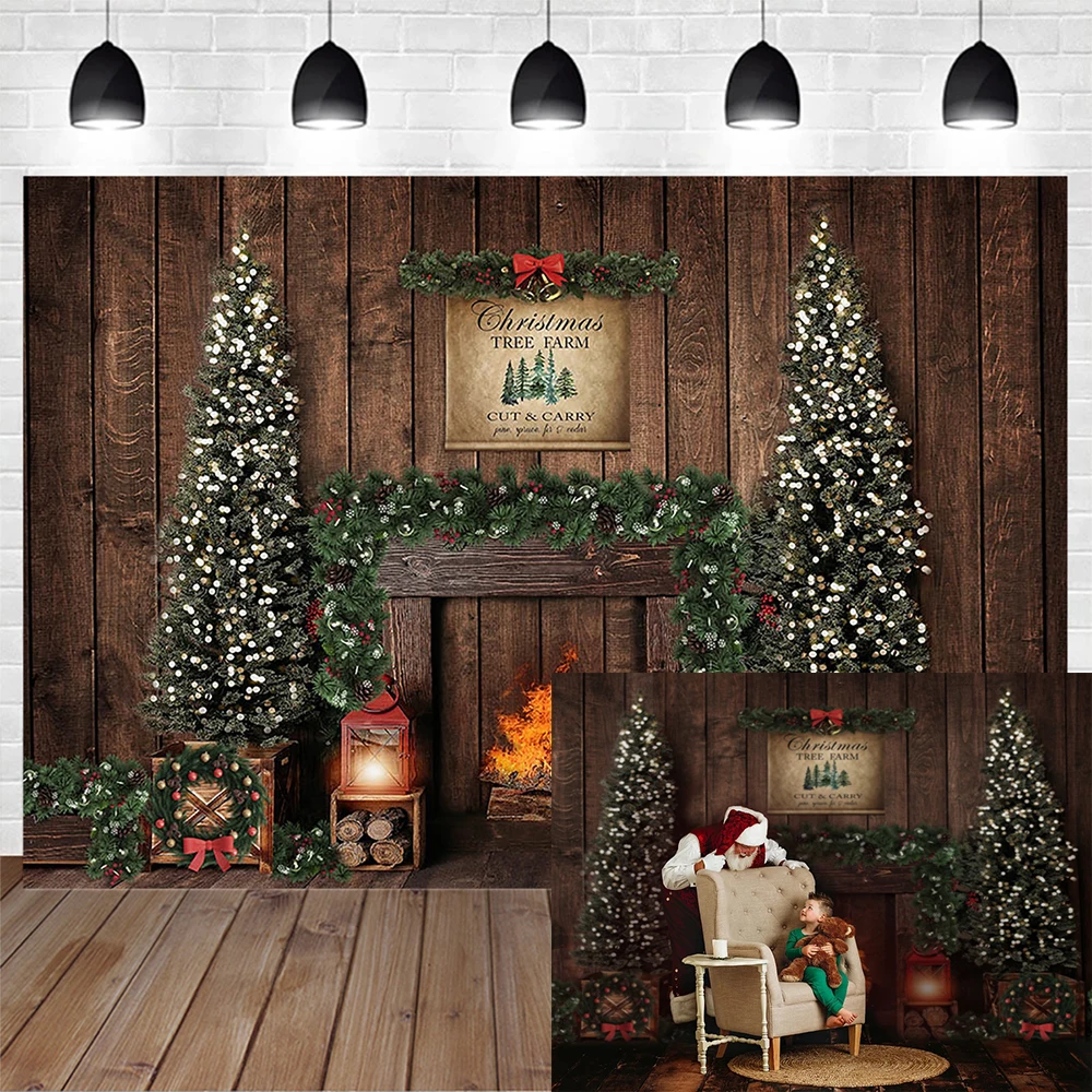 

Christmas Tree Farm Party Photography Background Cut Carry Wooden Retro Fireplace Backdrop Baby Children Family Group Photocall