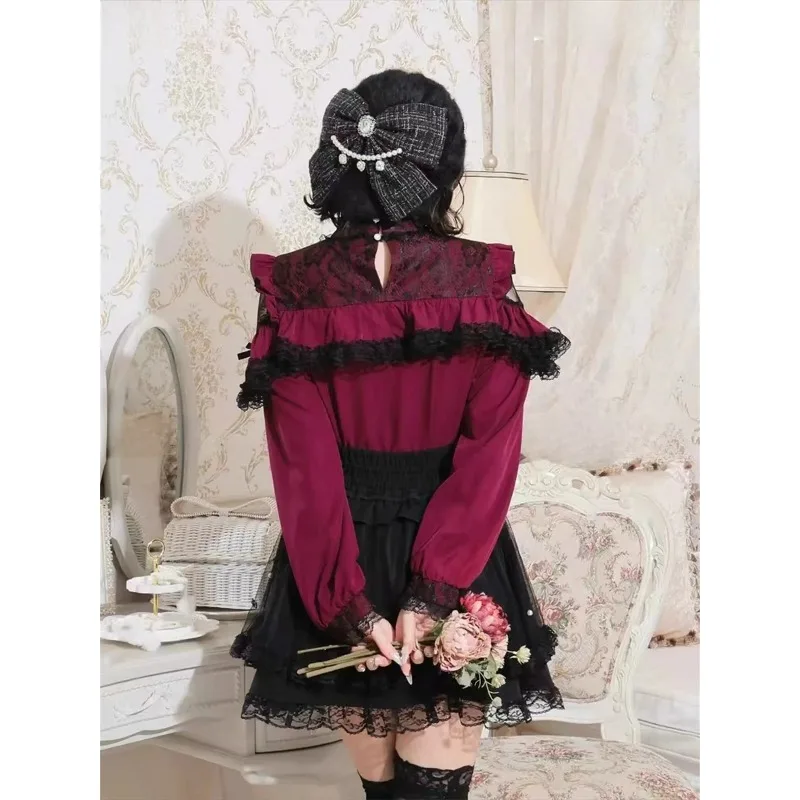 

Japanese Off The Shoulder Lace Ruffle Bow Cute Sweet Top White Shirt Stand Up Collar Long Sleeved Lolita Chiffon Blouses Women