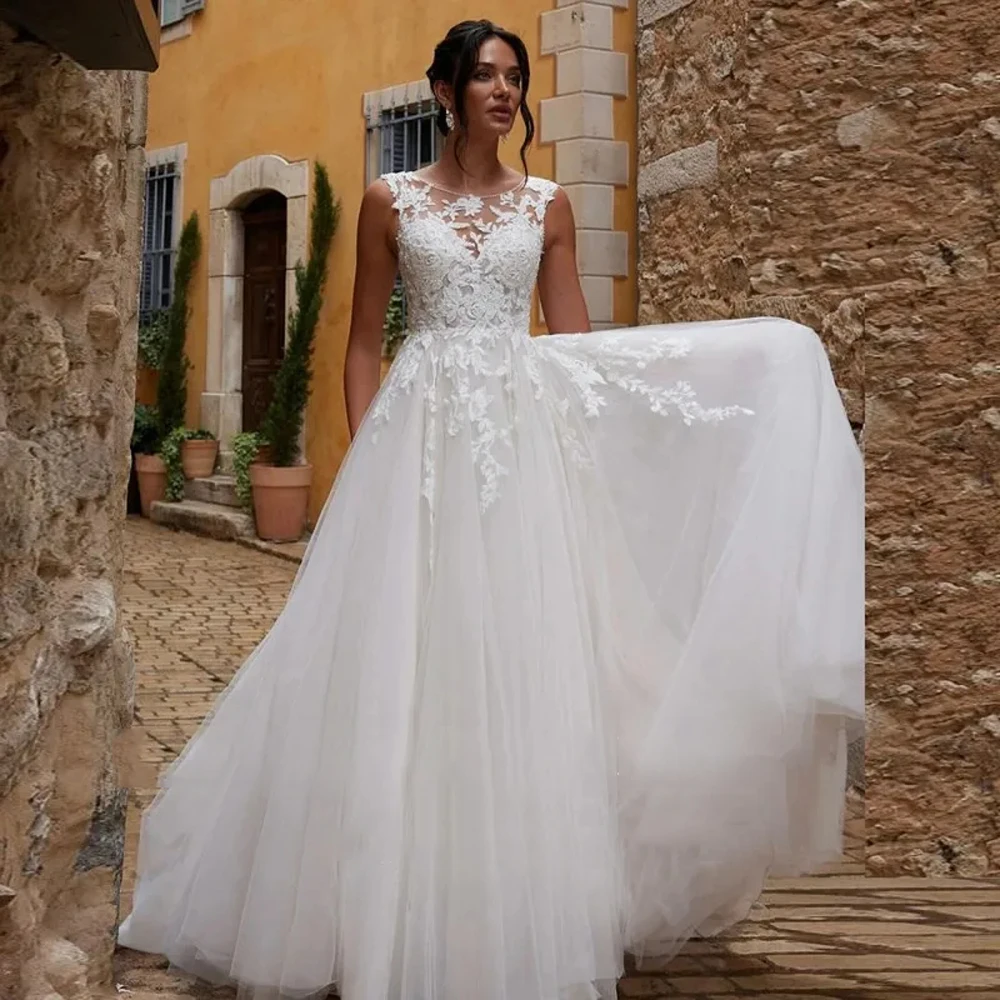 

Round-Neck A-Line Women Wedding Dresses Fashion Lace Flower Printing Bridal Gowns Engagement Banquet Vestido De Novia Customized