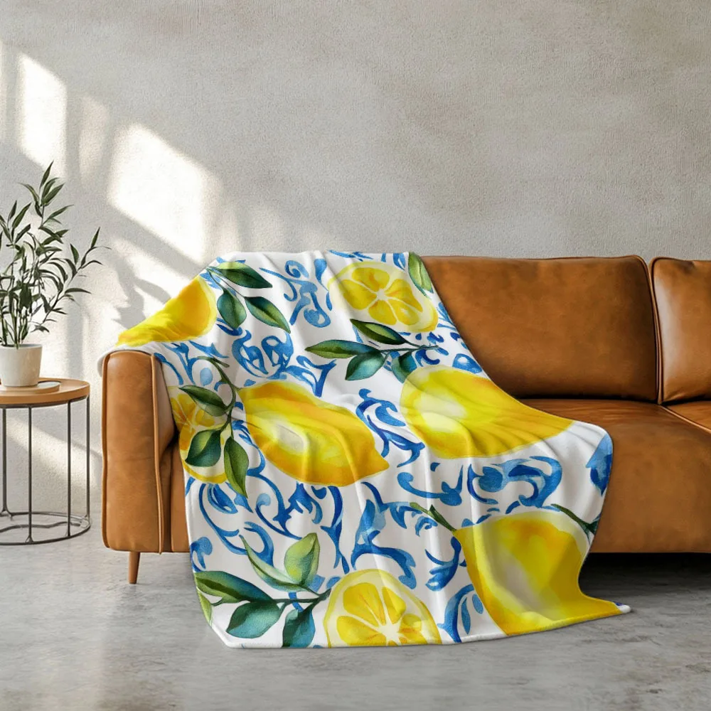 White Background Blue Scroll Watercolor Lemon Leaf Flannel Throw Blanket, Soft Blanket For Sofa,Fresh Mediterranean Summer Home