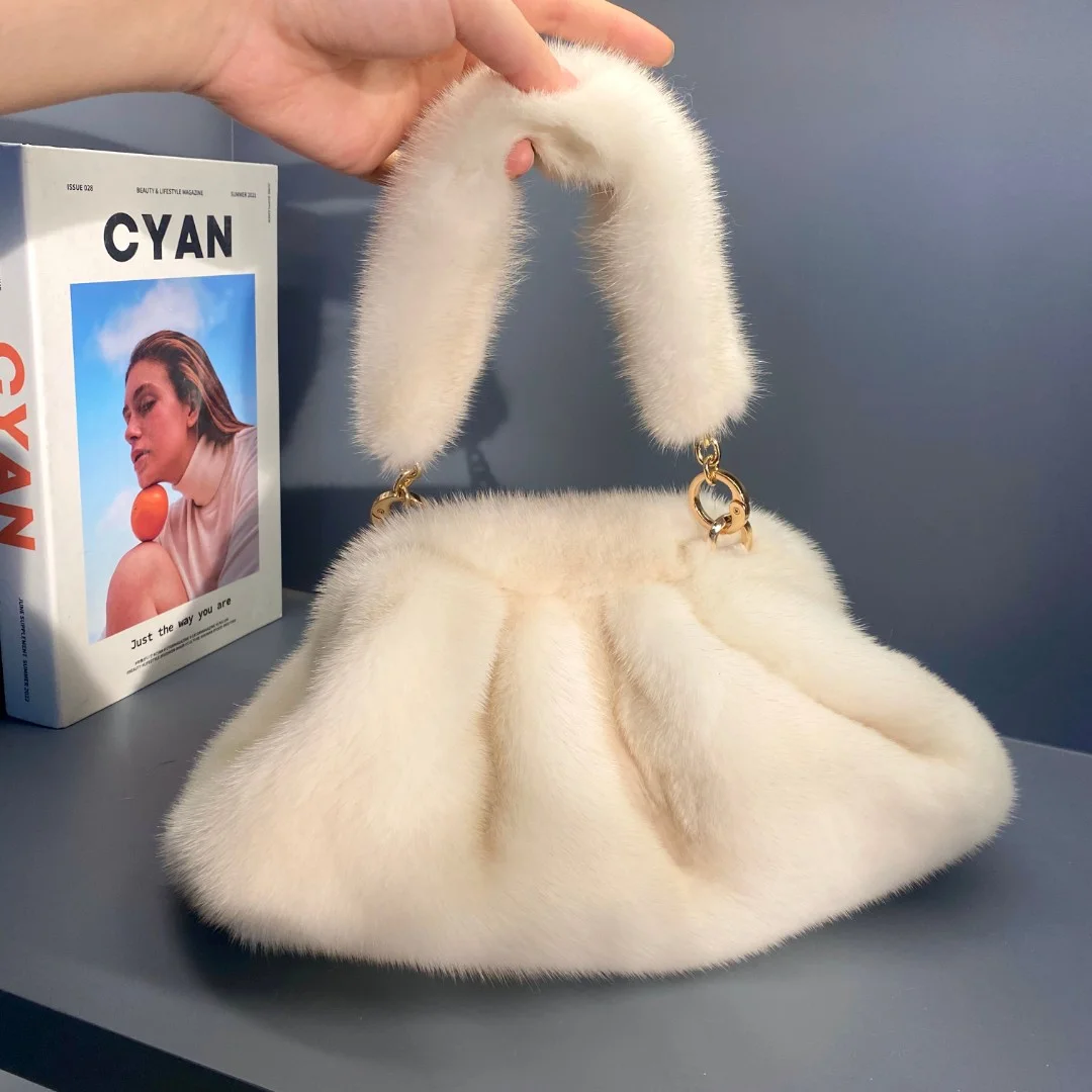 2023 Real Mink Fur Bag For Women Winter Luxury Handbags Ladies Crossbody Single Shoulder Bag Ladies Fluffy Handbag Evening Bags