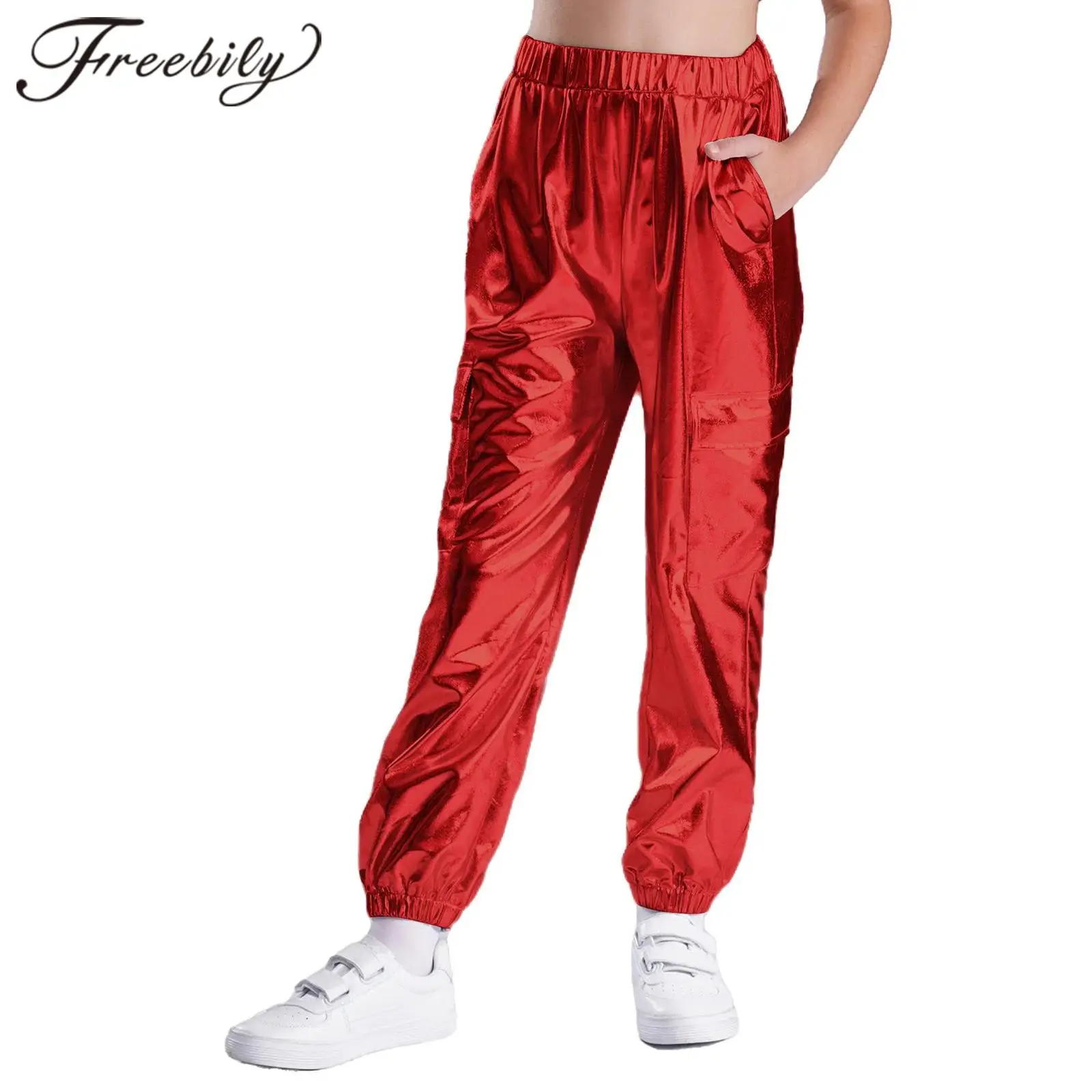 Kids Boys Girls Metallic Shiny Pants Elastic Waistband Hip-Hop Pants Fashion Children Trousers Teens Street Jazz Dance Costume