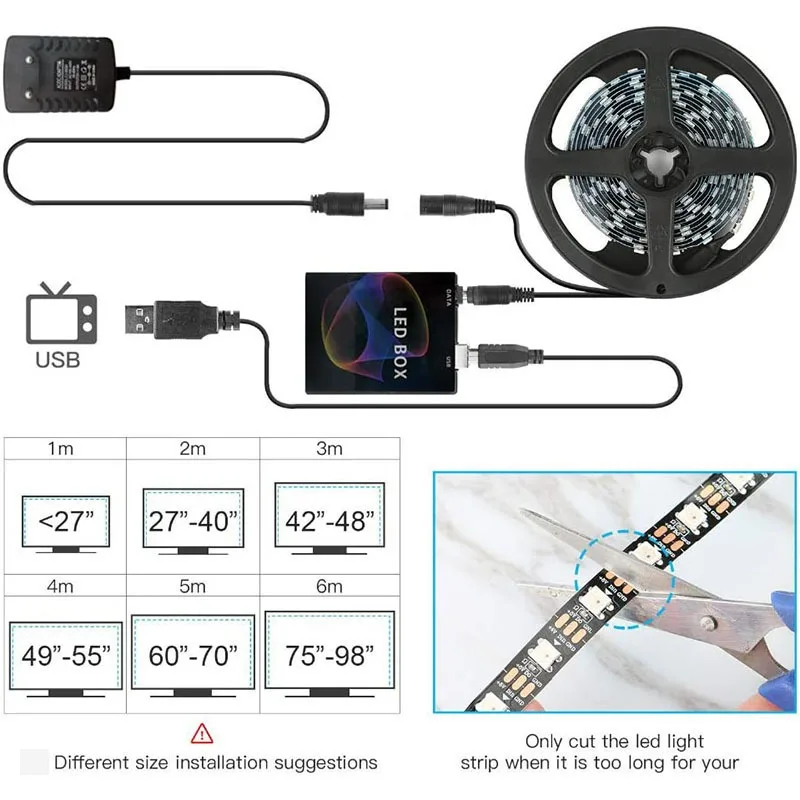 RGB LED Light Strip para PC Background, Lâmpada de Computador, USB, 5V Monitor Screen, Sincronização de Cores, Controle Inteligente, Decoração Ambiente, Novo, RGB