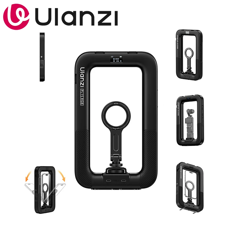 Ulanzi PL15RGB ハンドヘルドRGBリングライト、1/4インチ＆3つのコールドシューマウントと磁気アダプター付き、DJI、スマホ、Vlog撮影用