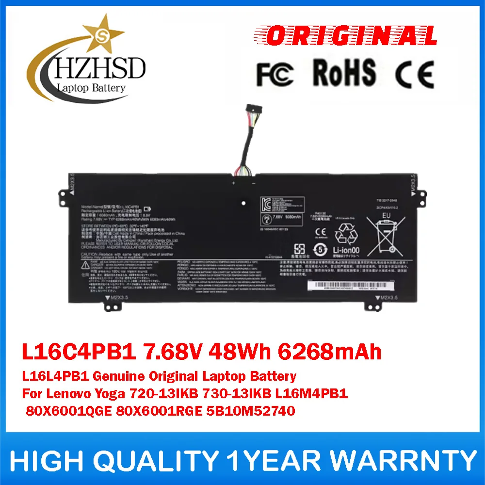 

L16C4PB1 7.68V 48Wh 6268mAh L16L4PB1 Оригинальный аккумулятор для ноутбука Lenovo Yoga730/720-13IKB L16M4PB1 80X6001QGE 80X6001RG