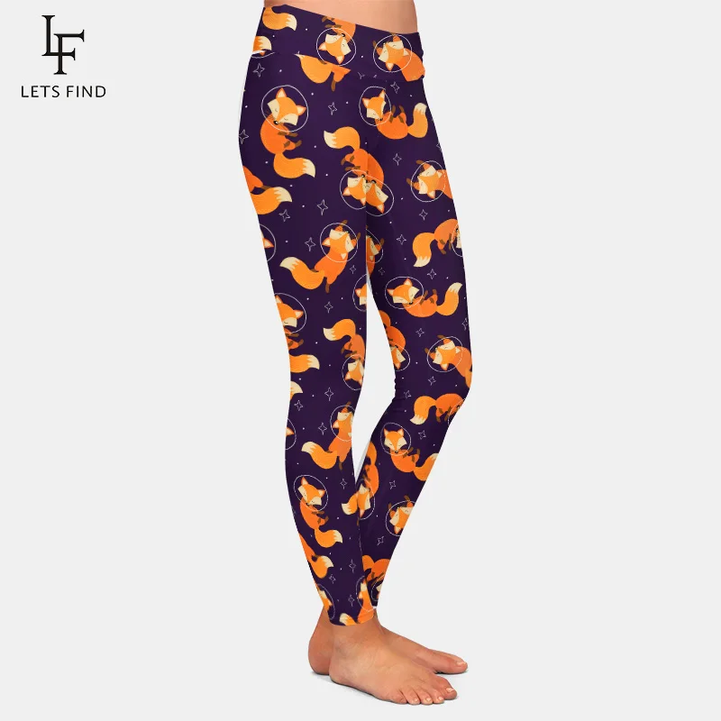 Fashion Cartoon Fox Print Girls Leggings High Waist High Elastic 220gsm Double Side Brushed Milk Silk  Women Leggings