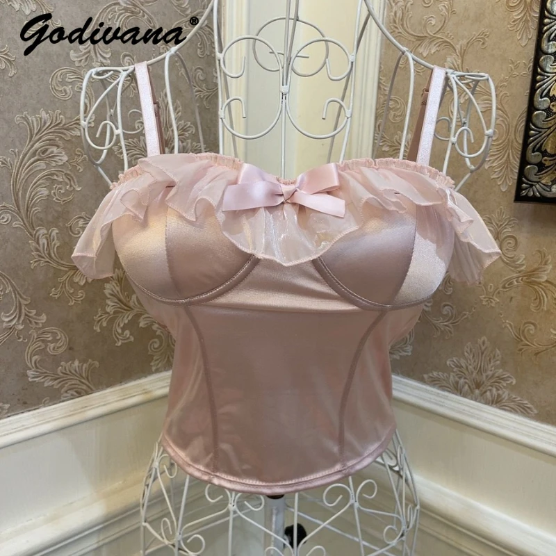 Ballet Girl Bow Fungus Lace Slimming Navel Short Top with Chest Pad Spring Summer Women's Sweet Sling Satin Camisole