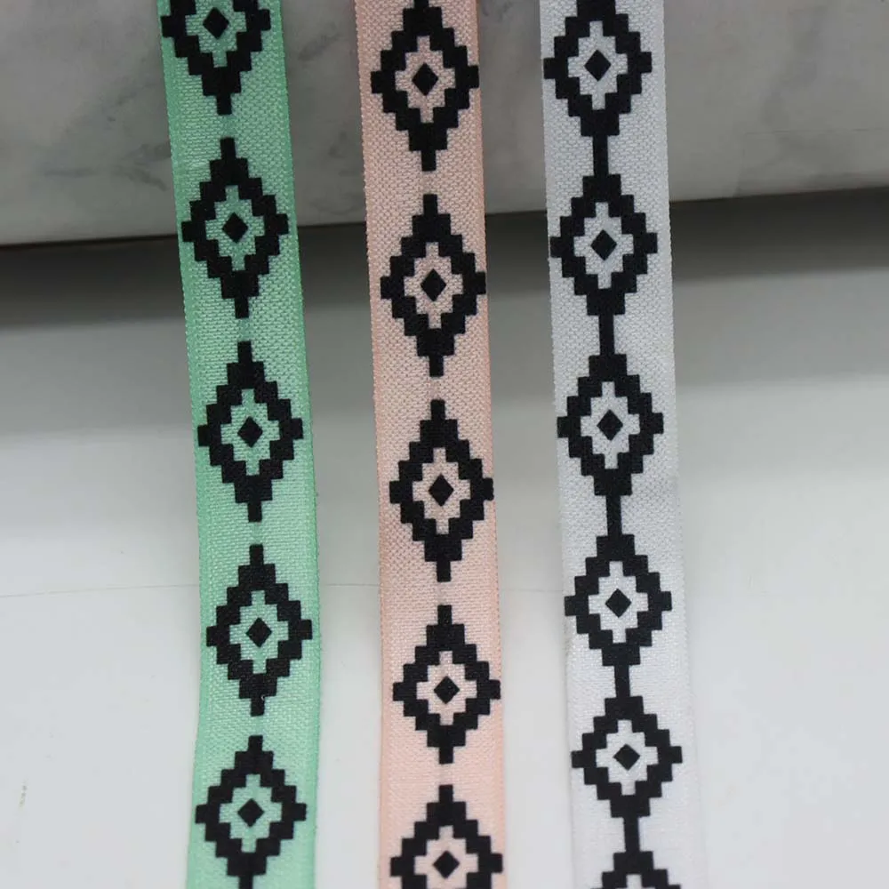 

5/8" 15MM Heat Transfer Black Rhombus Aztec Printed Fold Over Elastic FOE Ribbon For Hair Ties Accessaries