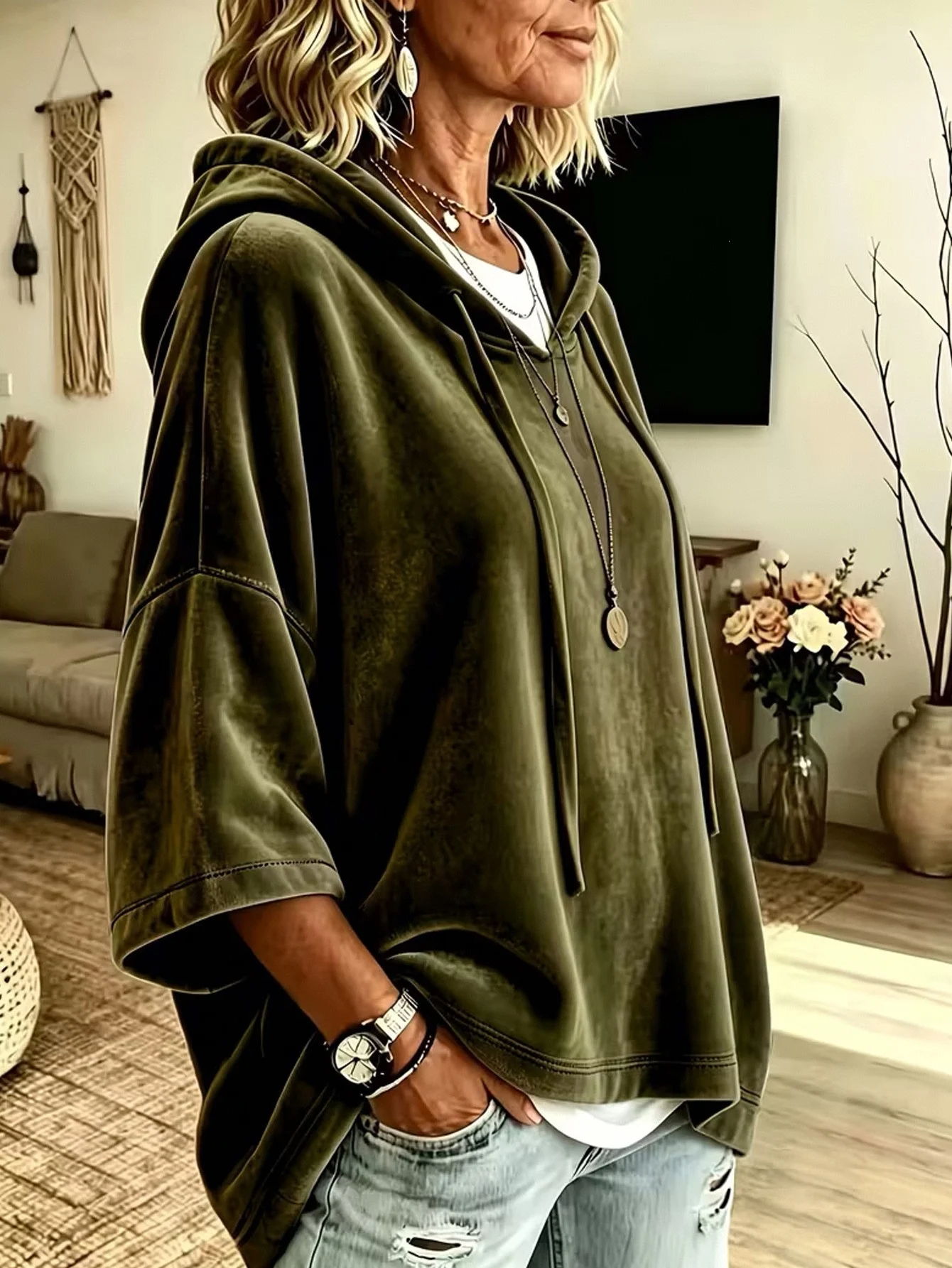 Neuer Herbst-Winter Damen Einfarbiger Samt-Hoodie mit 3/4-Ärmeln Lässige Oberteile – Detail 15