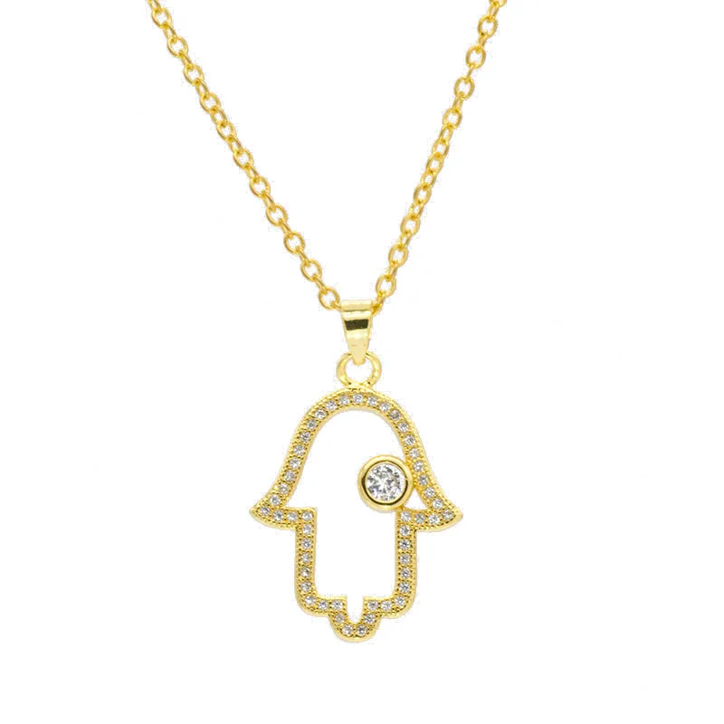 Juya 18K Gold Plated Cubic Zircon Creative Evil Eye Hamsa Hand Of Fatima Pendant Necklace For Women Men Gift Jewelry Supplies
