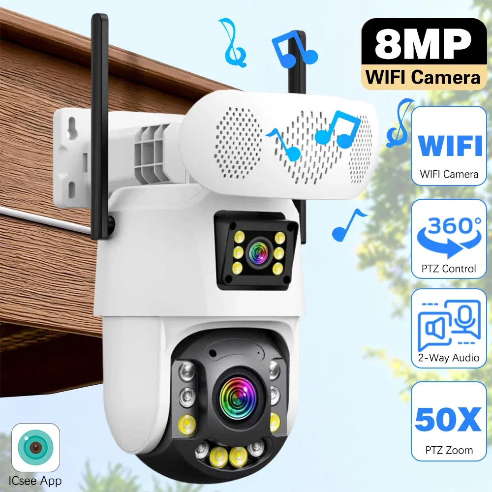 

50-кратный зум, Bluetooth-динамик, 4K, двойной объектив, двойной экран, Wi-Fi, PTZ-камера безопасности, уличная цветная камера ночного видения, камера видеонаблюдения