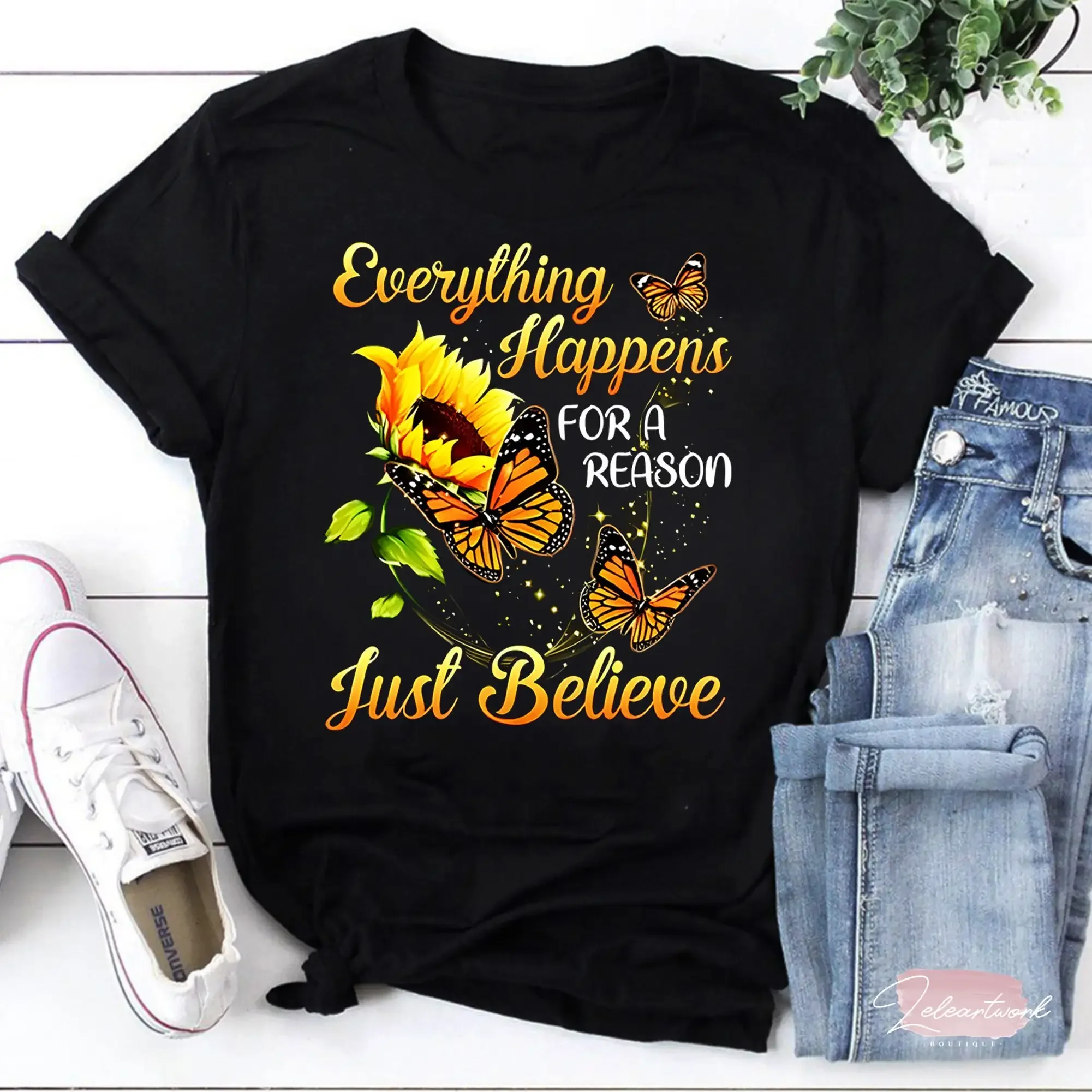 Everything Happens For A Reason Just Believe T Shirt Sunflower Positive Quotes Inspirational