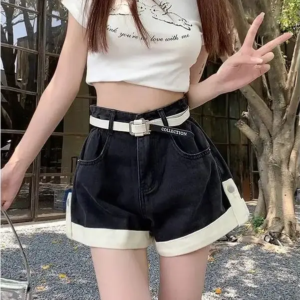 Light-Colored Curly Denim Shorts Women Spring Summer Thin Design High Waist Slimming A-Line Loose Straight Wide-Leg Hot Pants