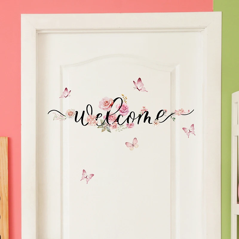 A Variety Of Flowers Butterfly English Welcome Green Plant Door Pasting Living Room Bedroom Home Decoration Wall Pasting